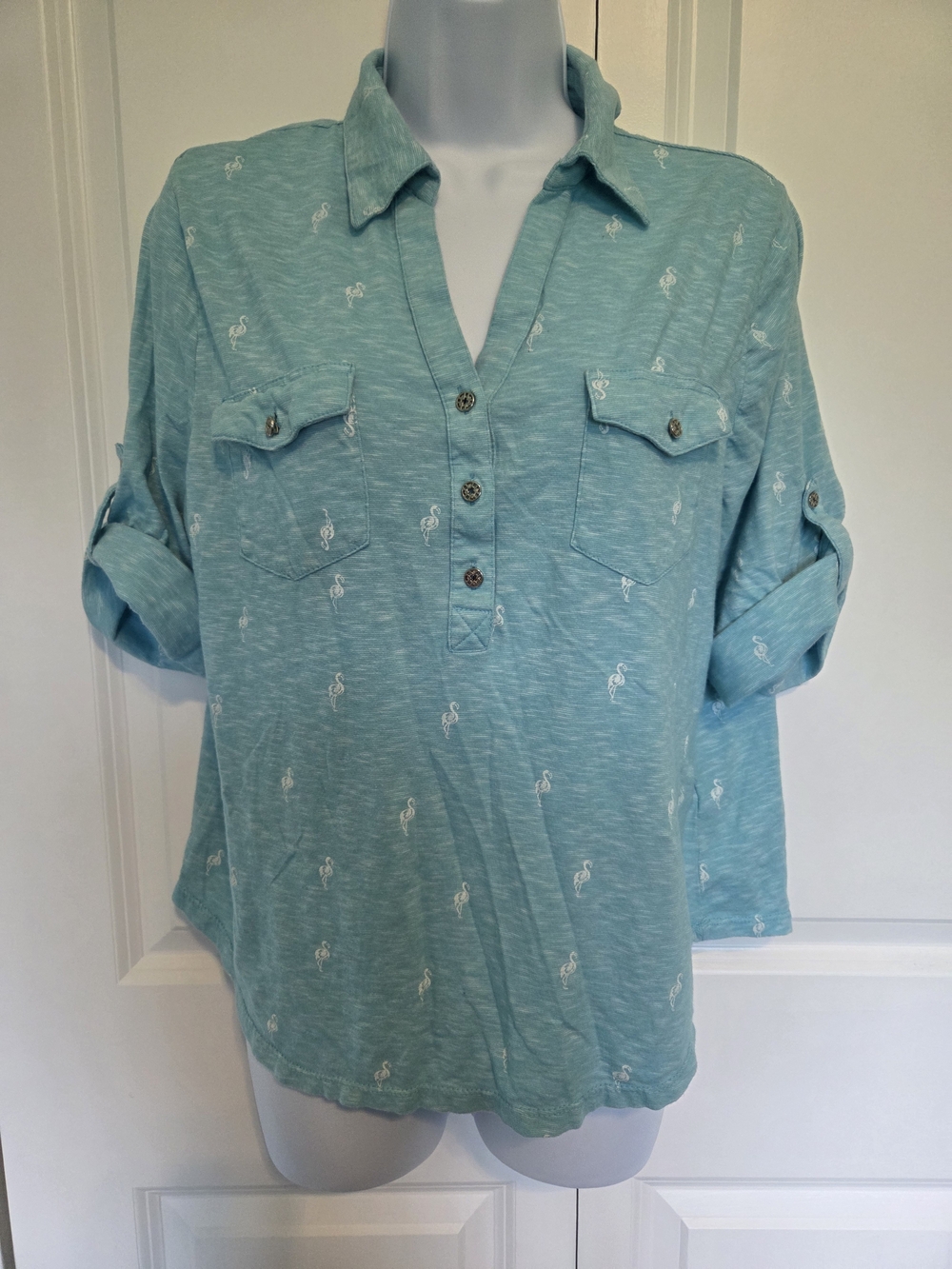 Light Turquiose Flamingo Print Women's Blouse